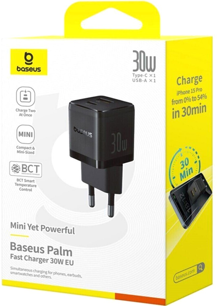 Сетевое зарядное устройство для Baseus Palm Fast Charger C+U 30W EU Cluster Black (P1011160A113-00)