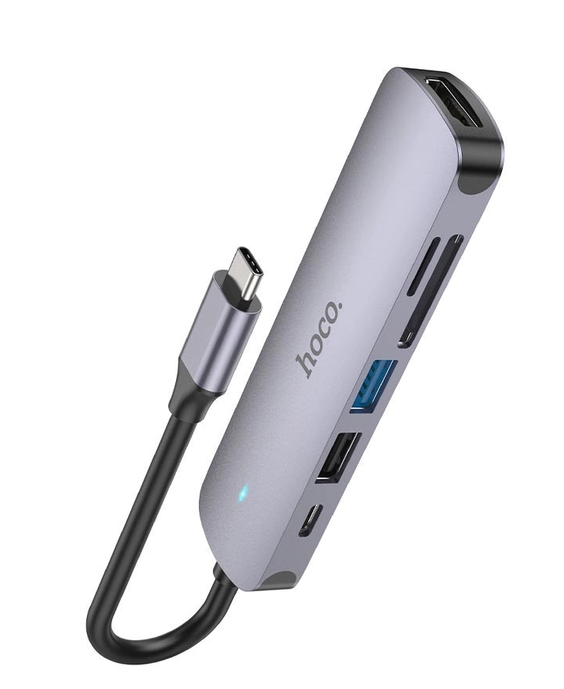 USB-хаб конвертор та кардрідер Hoco HB28 6-в-1 Type-C to HDMI+PD+USB3.0+USB2.0+SD+TF Сірий (HB28)