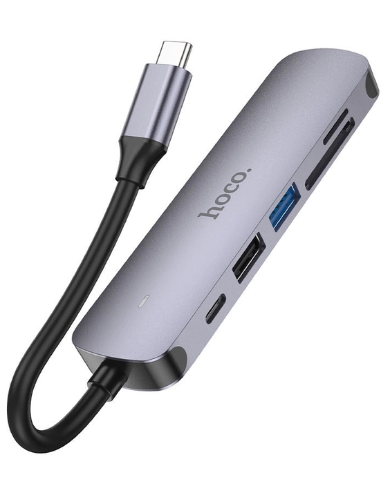USB-хаб конвертор та кардрідер Hoco HB28 6-в-1 Type-C to HDMI+PD+USB3.0+USB2.0+SD+TF Сірий (HB28)