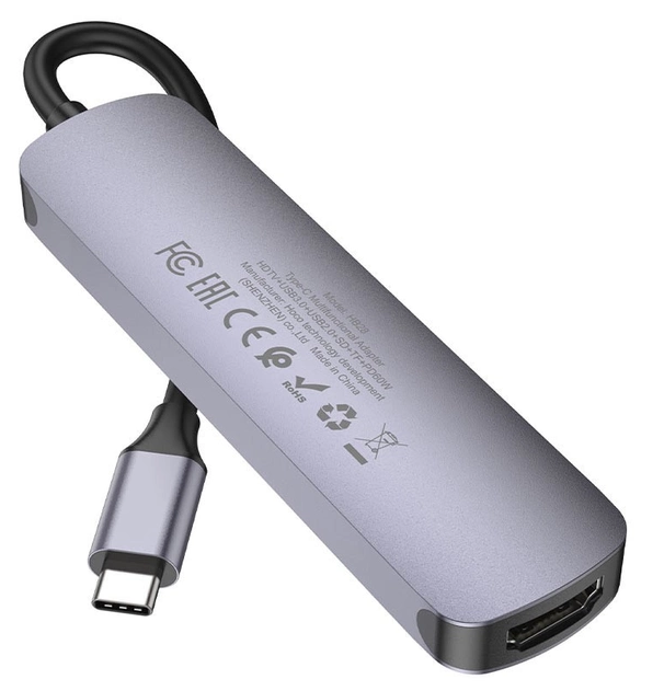 USB-хаб конвертор та кардрідер Hoco HB28 6-в-1 Type-C to HDMI+PD+USB3.0+USB2.0+SD+TF Сірий (HB28)