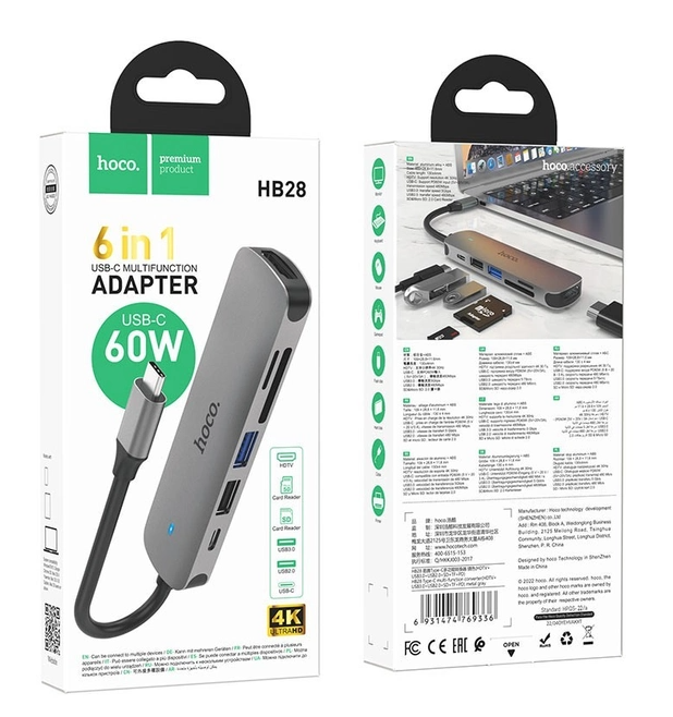USB-хаб конвертор та кардрідер Hoco HB28 6-в-1 Type-C to HDMI+PD+USB3.0+USB2.0+SD+TF Сірий (HB28)