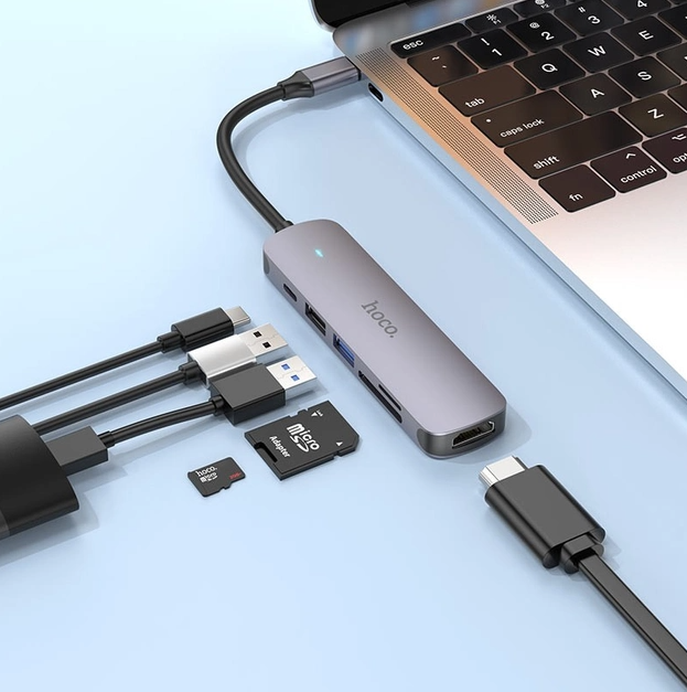 USB-хаб конвертор та кардрідер Hoco HB28 6-в-1 Type-C to HDMI+PD+USB3.0+USB2.0+SD+TF Сірий (HB28)