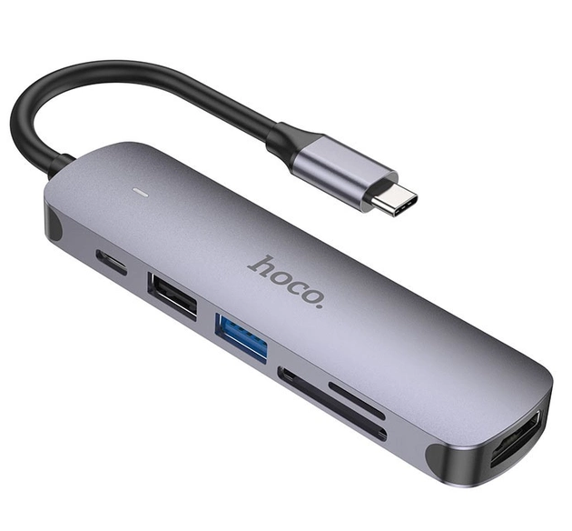 USB-хаб конвертор та кардрідер Hoco HB28 6-в-1 Type-C to HDMI+PD+USB3.0+USB2.0+SD+TF Сірий (HB28)