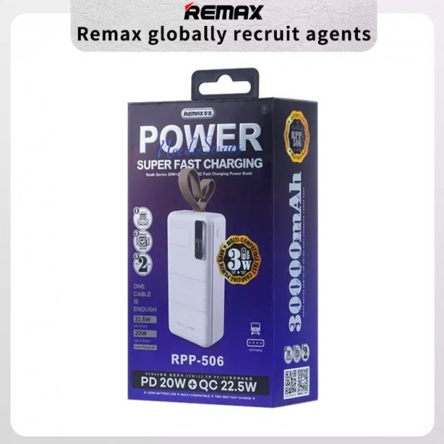 Повербанк Remax 30000mAh 22W 5A швидкий заряд Power Delivery, Quick Charge 3.0 Blue (RPP-506)