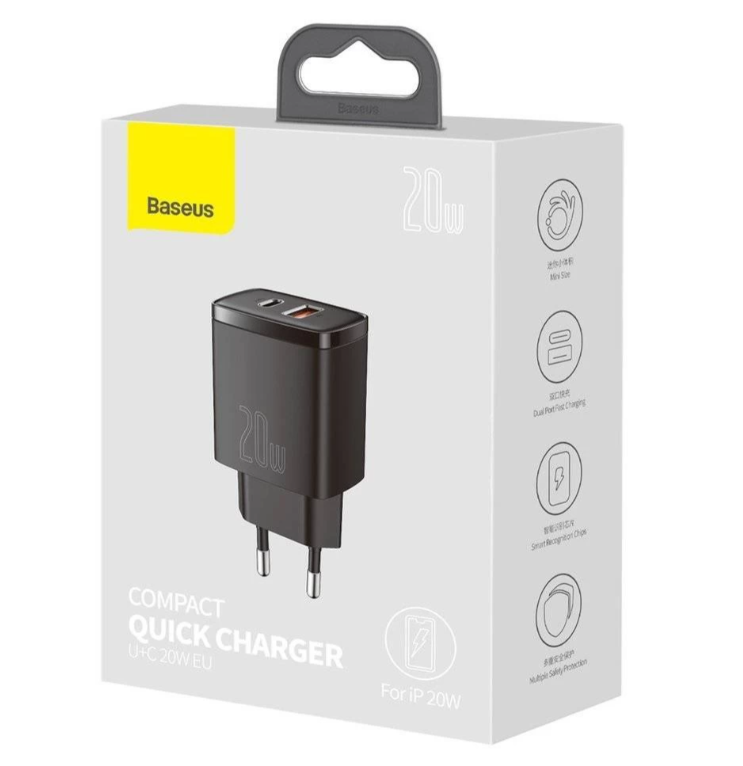Зарядное устройство Baseus Compact Quick Charger USB+Type-C 20W Black (CCXJ-B01)