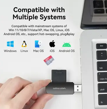 Картрідер Vention 2-in-1 USB 3.0 A Card Reader(SD+TF) Black Single Drive Letter (CLFB0)