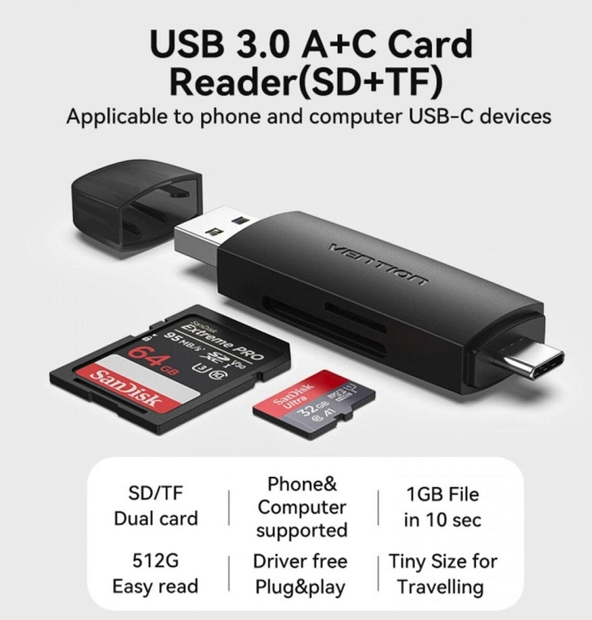 Картрідер Vention 2-in-1 USB 3.0 A+C Card Reader(SD+TF) Black Dual Drive Letter (CLKB0)