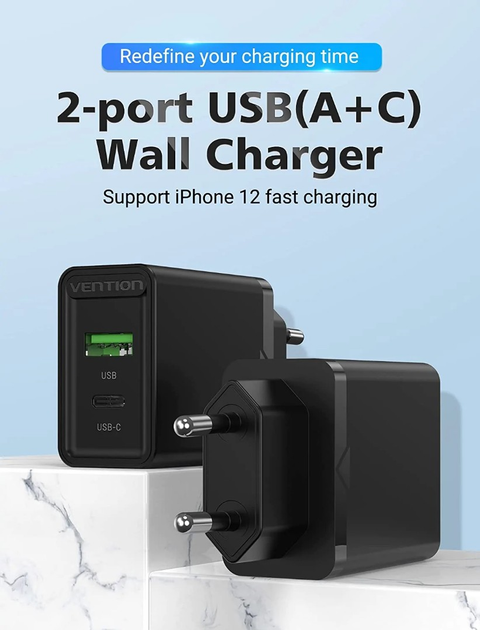 Зарядное устройство Vention Two-Port USB(A+C) Wall Charger (18W/20W) EU-Plug Black (FBBB0-EU)