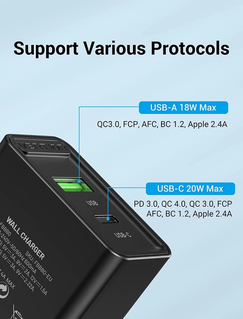 Зарядное устройство Vention Two-Port USB(A+C) Wall Charger (18W/20W) EU-Plug Black (FBBB0-EU)