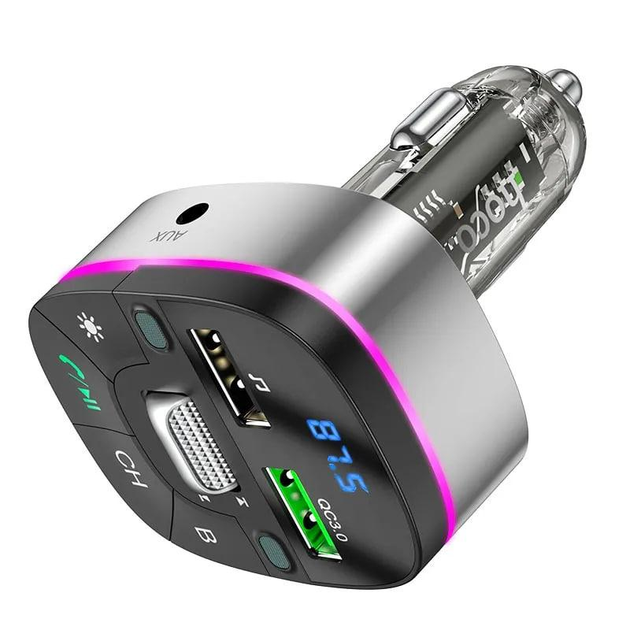 Автомобильное зарядное устройство с FM-модулятором HOCO E71 Crystal transparent discovery edition QC3.0 car BT FM transmitter Dark Blue (6931474789082)