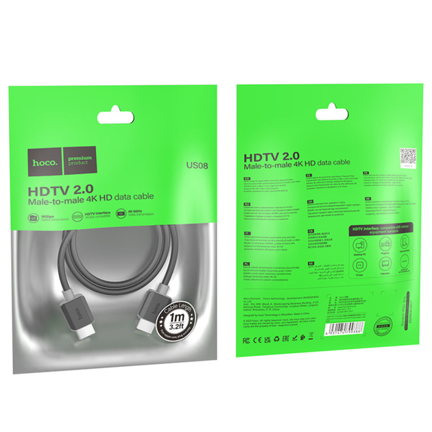 Кабель HOCO US08 HDTV 2.0 male-to-male 4K HD data cable(L=1M) Black (6931474799388)