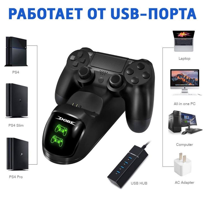 Зарядна док-станція DOBE для DualShock 4 PS4 на 2 геймпада, Чорний