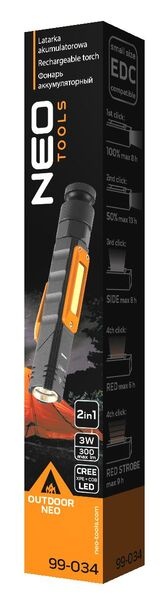 Фонарь Neo Tools 300Lm, аккумулятор 2000мАч, Cree LED, металлический (99-034)