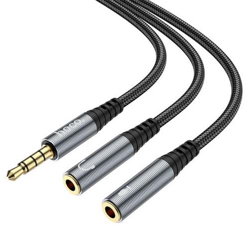 Перехідник-розгалужувач для мікрофона та навушників HOCO UPA21 2-in-1 3.5 headset audio adapter cable(male to 2*female) Metal gray (6931474766809)