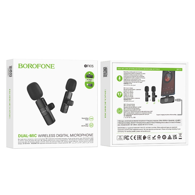 Мікрофон-петличка BOROFONE BFK15 Dual-mic lavalier wireless digital microphone (iP/Type-C) Black (6941991117107)