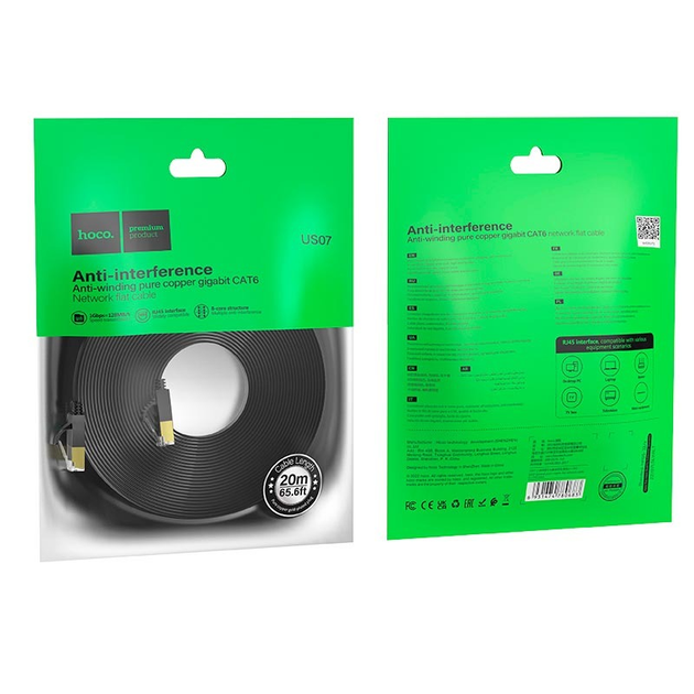 Патч-корд 20м HOCO US07 General pure copper flat network cable Black (6931474780720)
