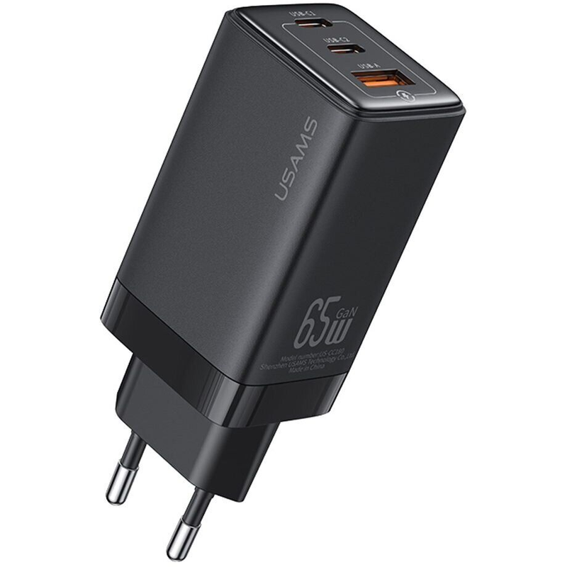 Мережевий зарядний пристрій Usams US-CC180 65W ACC 3 Ports GaN Fast Charger (EU) -- Sandru series Black (CC180TC01)