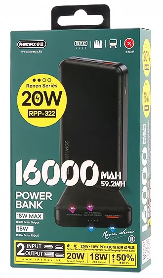 Повербанк Remax 16000mAh швидкий заряд 20W, Power Delivery, Quick Charge Black (RPP-322)