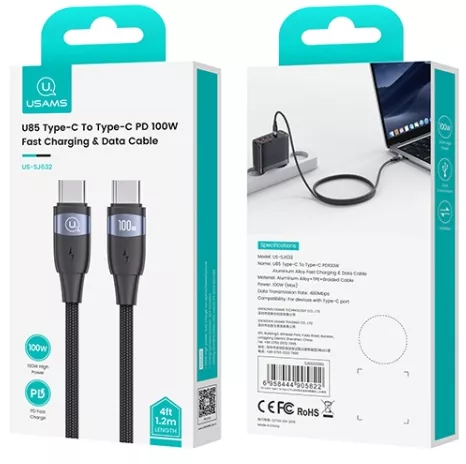 Кабель Usams US-SJ632 U85 Type-C To Type-C PD100W Aluminum Alloy Fast Charging & Data Cable black (SJ632USB01)