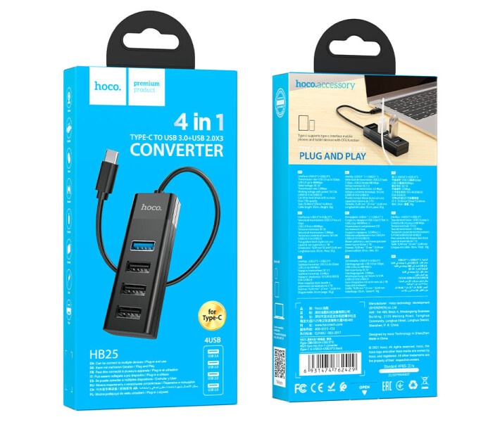 USB-хаб Hoco HB25 Easy mix 4-in-1 converter (USB to USB3.0+USB2.0*3) Black