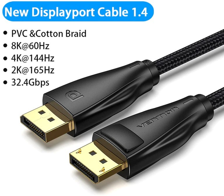 Кабель Vention DisplayPort v1.4 2m Black, 8K 60 Hz, 4K 144Hz, 2K 165Hz, 1080P 240Hz (HCDBH)