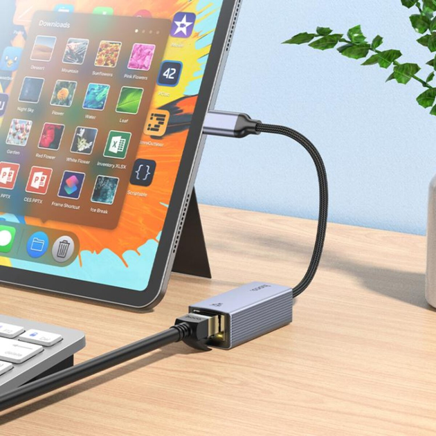Мережевий адаптер HOCO UA37 Type-C ethernet adapter (1000 Mbps) Metal Gray (6942007647281)