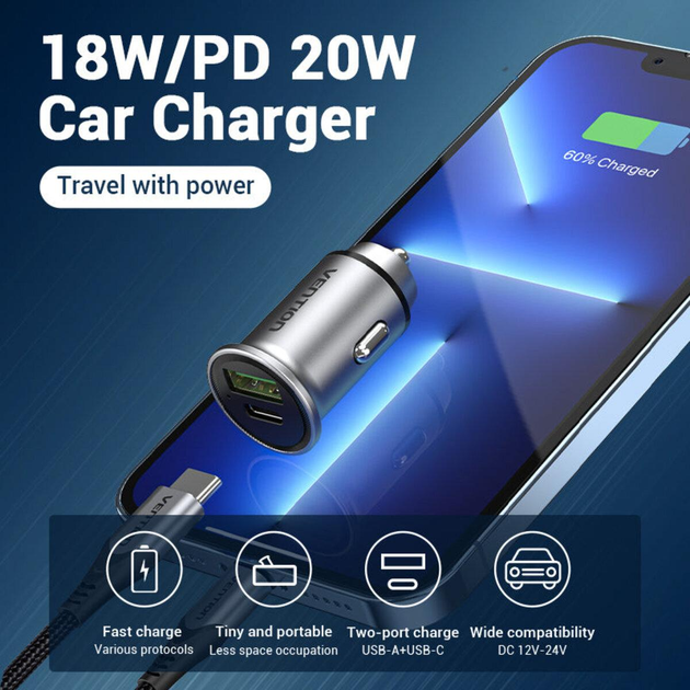 Автомобильное зарядное устройство Vention Vention Two-Port USB A+C(18/20) Car Charger Gray Mini Style Aluminium Alloy Type (FFBH0)