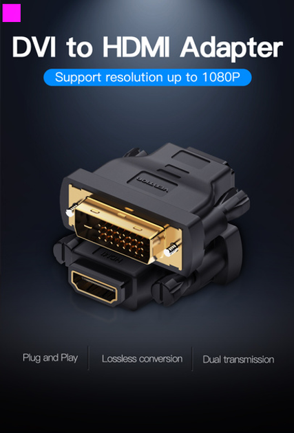 Адаптер перехідник Vention DVI(24+1) Male to HDMI Female Adapter Black (ECDB0)