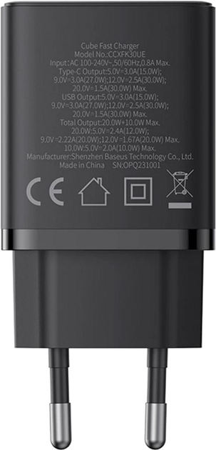 Сетевое зарядное устройство Baseus Cube Fast Charger C+U 30W EU Cluster Black (P10111404113-00)