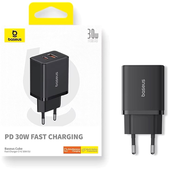 Сетевое зарядное устройство Baseus Cube Fast Charger C+U 30W EU Cluster Black (P10111404113-00)