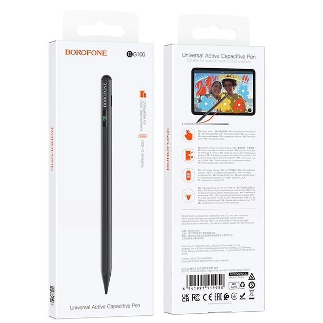 Стилус BOROFONE BG100 Universal active capacitive pen with digital display Black