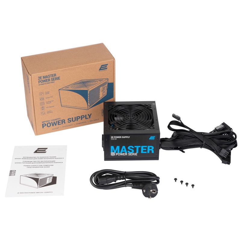 Блок питания 2E MASTER POWER (550W), >80, 80+ White, 120mm, 1xMB 24pin(20+4), 1xCPU 8pin(4+4), 3xMolex, 5xSATA, (2E-MP550-120APFC)