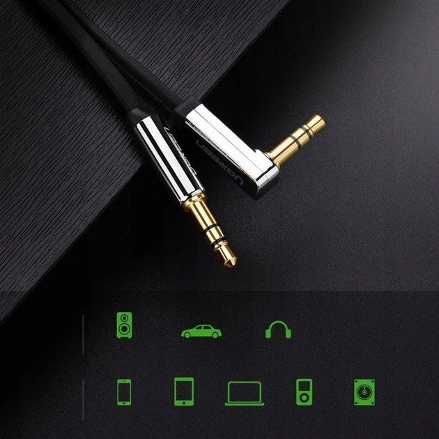 Аудиокабель UGREEN AV119 3.5mm Male to 3.5mm Male Straight to angle flat сable 2m Black (UGR-10599)