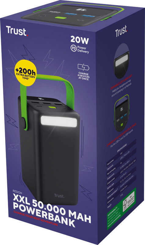 Повербанк Trust Redoh XXL, 50000mAh, PD, QC, 20W, фонарик (25196)