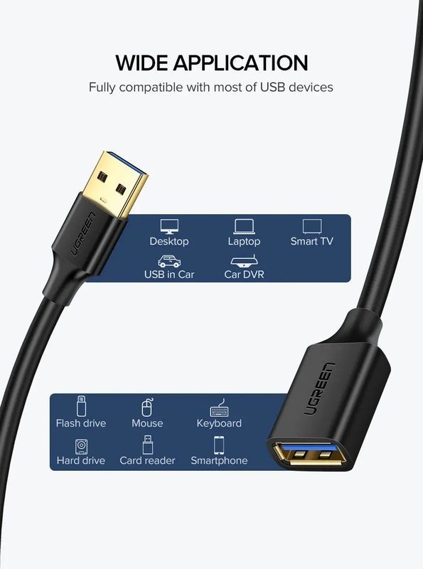 Удлинитель UGREEN US129 USB 3.0 Extension Male Cable 2m (Black) (UGR-10373)