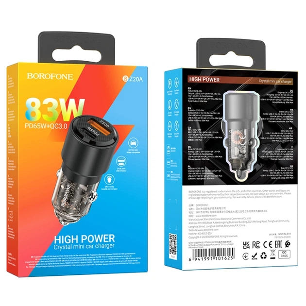Автомобильное зарядное устройство BOROFONE BZ20A Smart 83W dual port PD65W+QC3.0 car charger Transparent Black