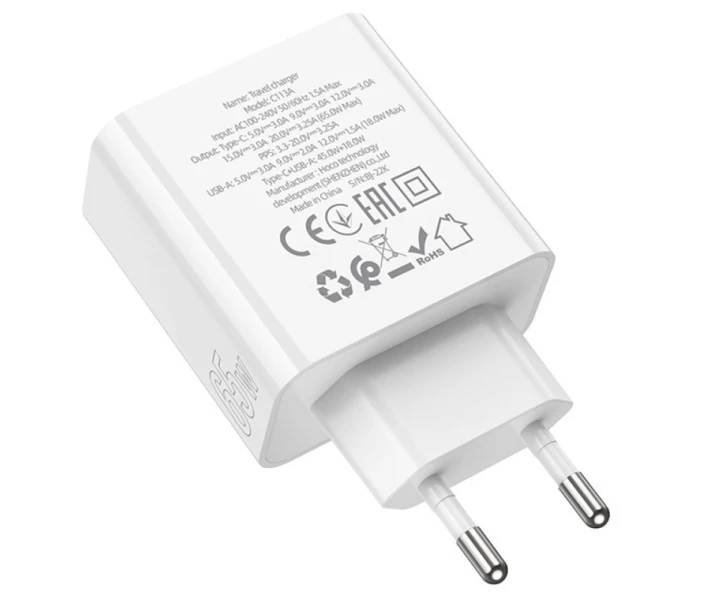 Сетевое зарядное устройство для HOCO C113A Awesome PD65W dual port(1A1C) charger White (6931474790910)