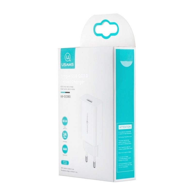 Сетевое зарядное устройство для Usams US-CC083 T22 Single USB QC3.0 Travel Charger (EU) White (CC83TC01)