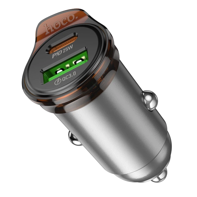 Автомобильное зарядное устройство HOCO NZ16A Rigorous 43W dual port PD25W+QC3.0 car charger Metal Grey
