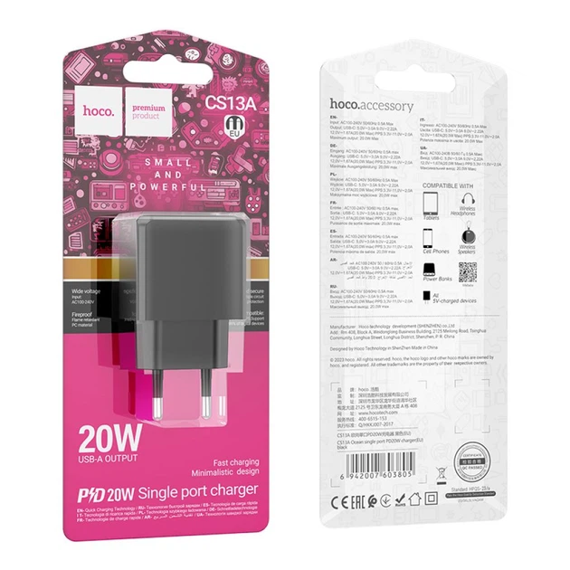 Мережевий зарядний пристрій HOCO CS13A Ocean single port PD20W charger Black (6942007603805)