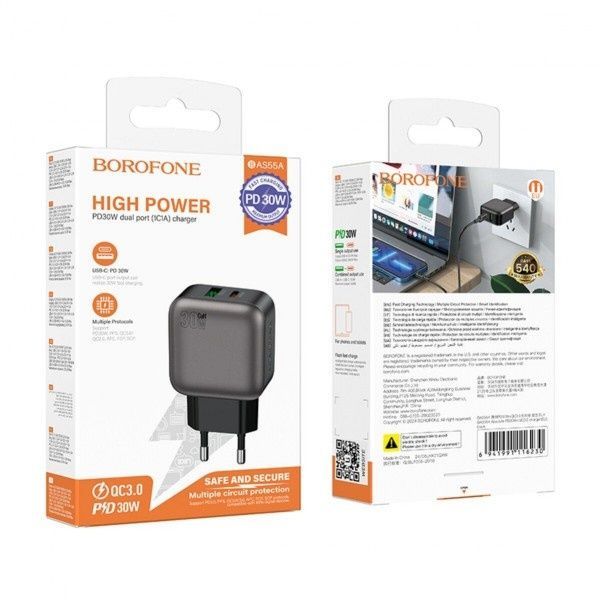 Зарядное устройство BOROFONE BAS55A Absolute PD30W+QC3.0 charger(EU) Black (6941991116230)