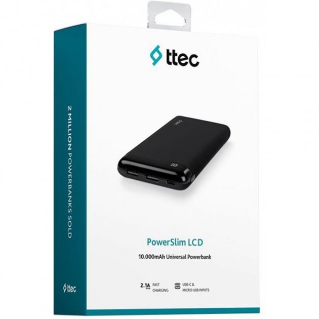 Батарея универсальная Ttec PowerSlim Duo 10000mAh, USB Type-C, USB Type A, 2A, Black (2BB163S)