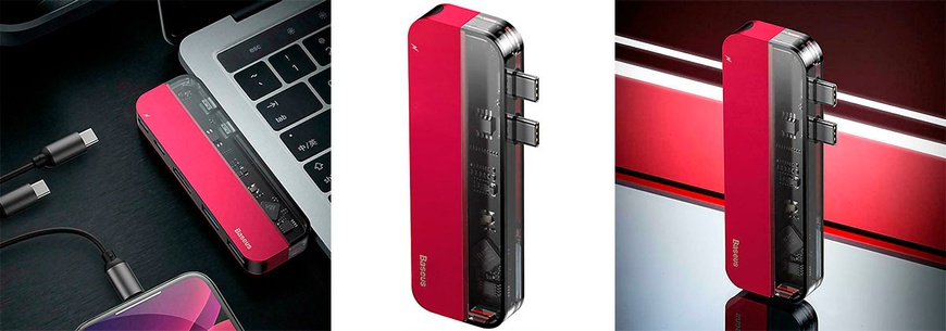 USB хаб Baseus Transparent Series Dual Type-C Multifunctional HUB Adapter Red (CAHUB-TS09)