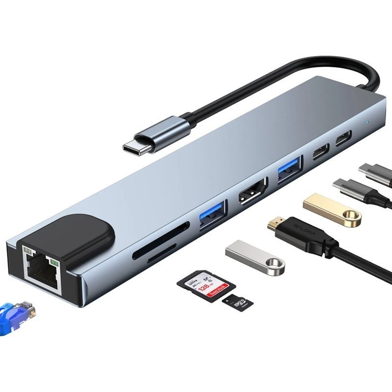 Хаб Dynamode USB-C 8-in-1 HDMI 4K30Hz + 1xRJ45 + 1xUSB 3.0 + 1xUSB 2.0 + 1xUSB-C PD (BYL-2017L)