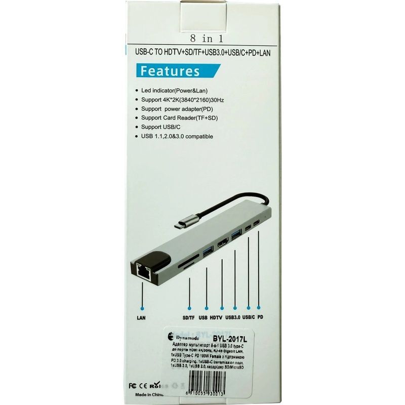 Хаб Dynamode USB-C 8-in-1 HDMI 4K30Hz + 1xRJ45 + 1xUSB 3.0 + 1xUSB 2.0 + 1xUSB-C PD (BYL-2017L)
