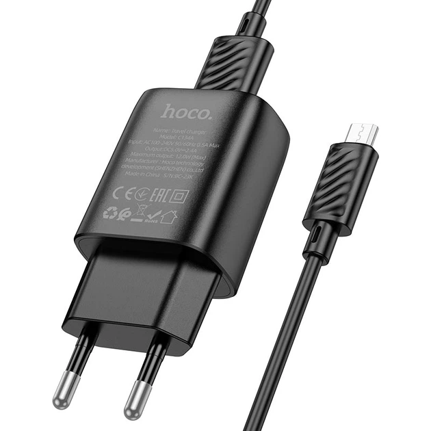 Сетевое зарядное устройство с кабелем HOCO C134A Solid single-port charger set (Micro) (EU) Black (6942007621335)