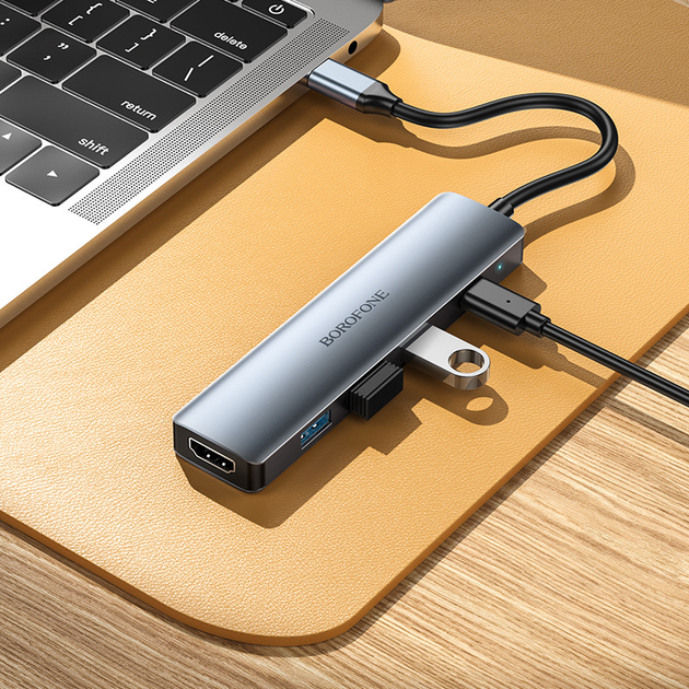 USB-хаб з HDMI BOROFONE DH14 Buddy Type-C 5-in-1 adapter Metal Gray (6941991115578)
