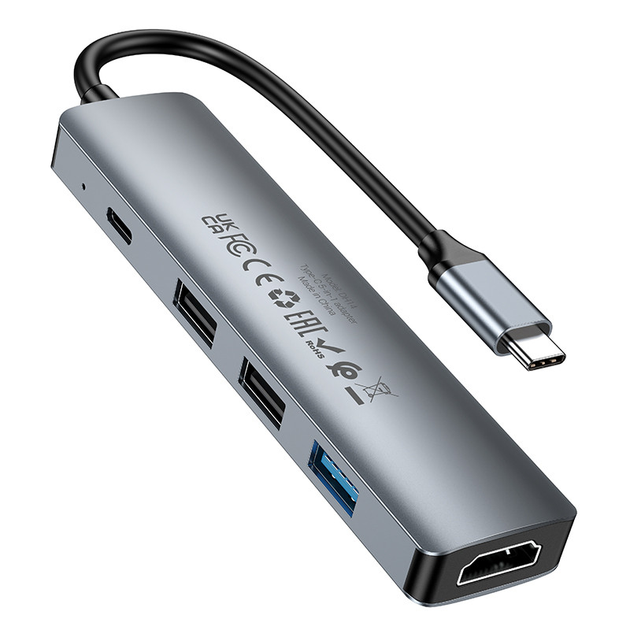 USB-хаб з HDMI BOROFONE DH14 Buddy Type-C 5-in-1 adapter Metal Gray (6941991115578)