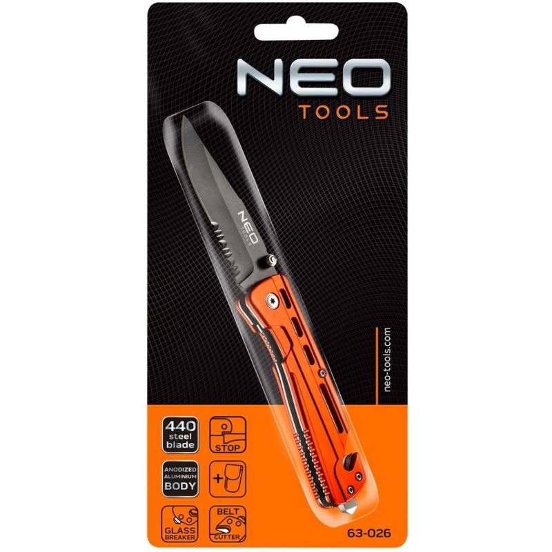 Ніж Neo Tools складаний з фiксатором, з лезом для розрiзання ременiв (63-026)