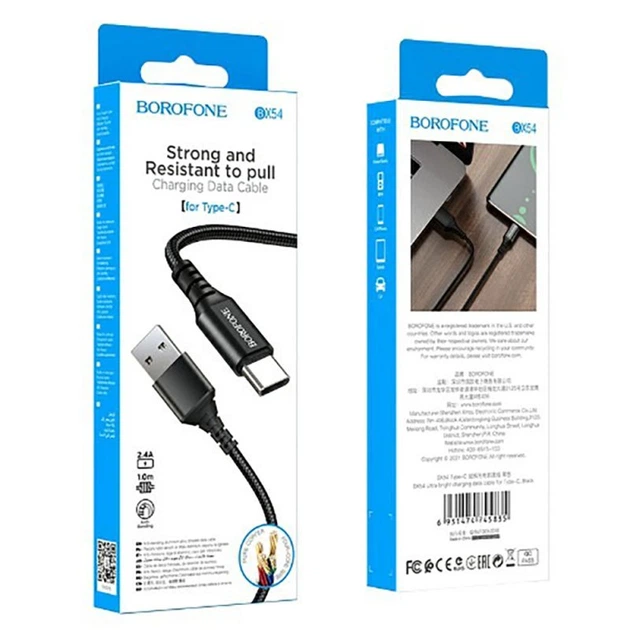 Кабель BOROFONE BX54 Ultra bright Type-C 1m 2.4A Black (6931474745835)